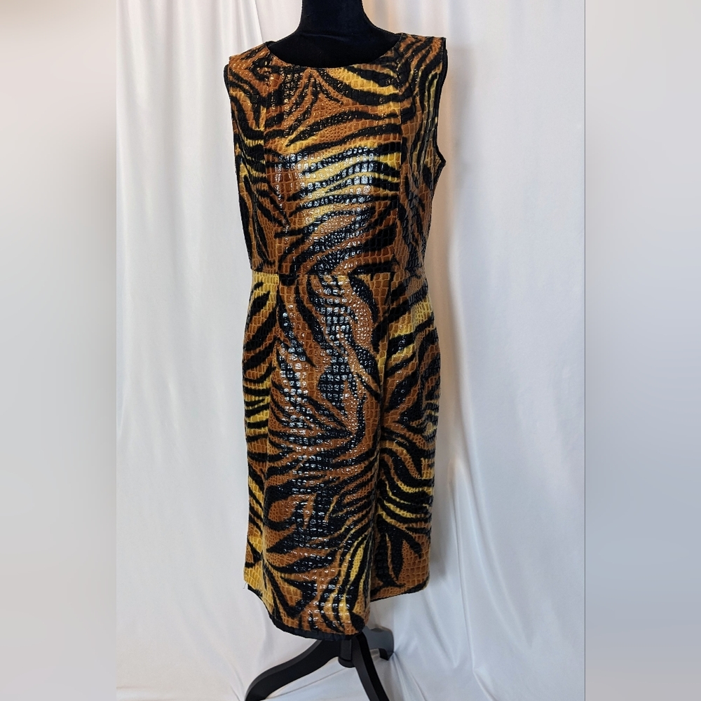Vintage 90s Selene Textured Faux Leather Tiger Print Sheath Dress Lined Size L